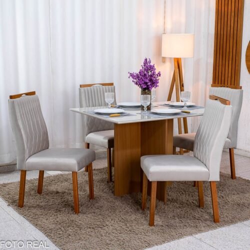 Mesa de Jantar Helo 120×90 Vidro Off/Base Mel Poliman + 4 Cad. Gênova Veludo Bege 512 Madeira - Art Assento