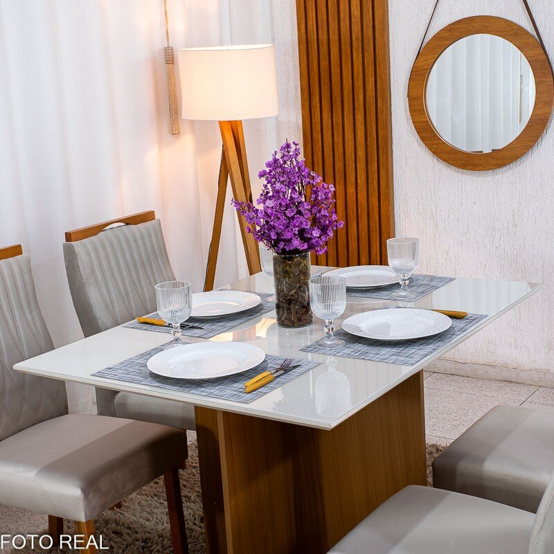 Mesa de Jantar Helo 120×90 Vidro Off/Base Mel Poliman + 4 Cad. Gênova Veludo Bege 512 Madeira - Art Assento - Imagem 2