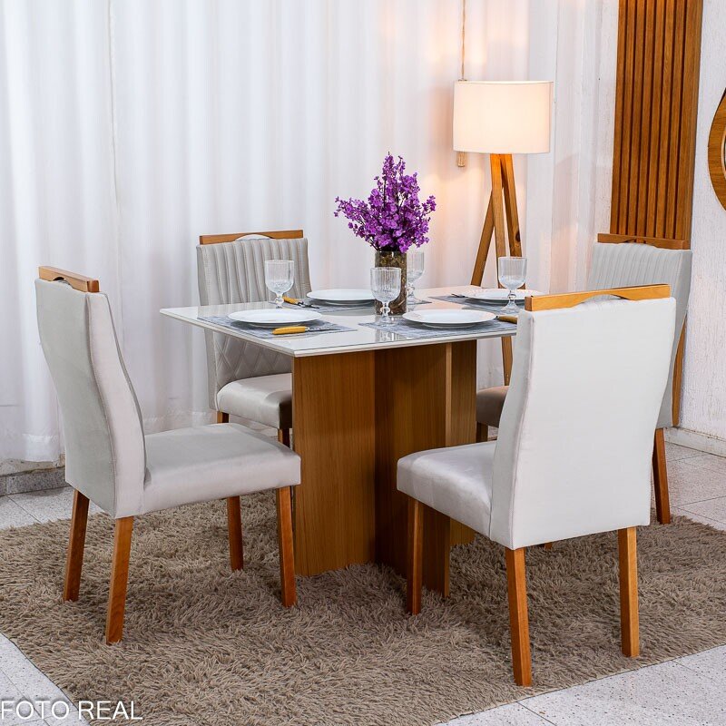 Mesa de Jantar Helo 120×90 Vidro Off/Base Mel Poliman + 4 Cad. Gênova Veludo Bege 512 Madeira - Art Assento - Imagem 4