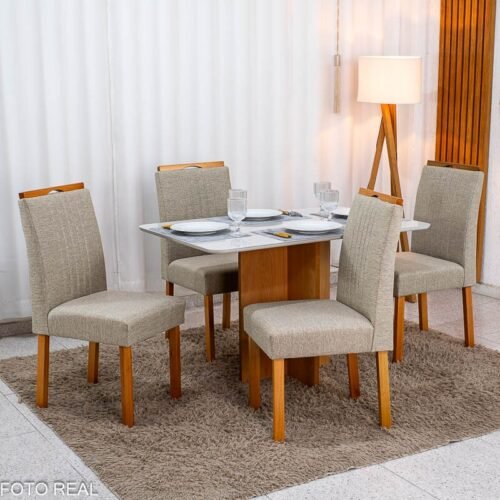 Mesa de Jantar Moscou 120x80 Cinamomo/Vidro Off + 4 Cad. Atlanta Linho Bege Madeira Maciça Minas Plac - Entregue Montada