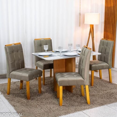 Mesa de Jantar Moscou 120x80 Vidro Off/Base Cinamomo + 4 Cad. Londres Veludo Avelã Madeira Maciça Minas Plac - Entregue Montada