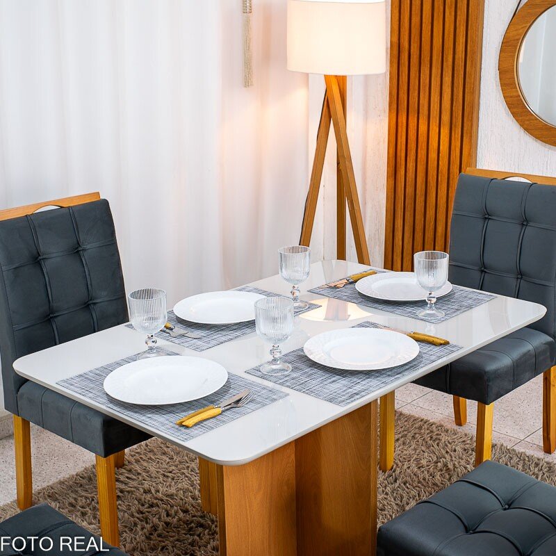 Mesa de Jantar Moscou 120x80 Vidro Off/Base Cinamomo + 4 Cad. Londres Veludo Chumbo Madeira Minas Plac - Entregue Montada - Imagem 2