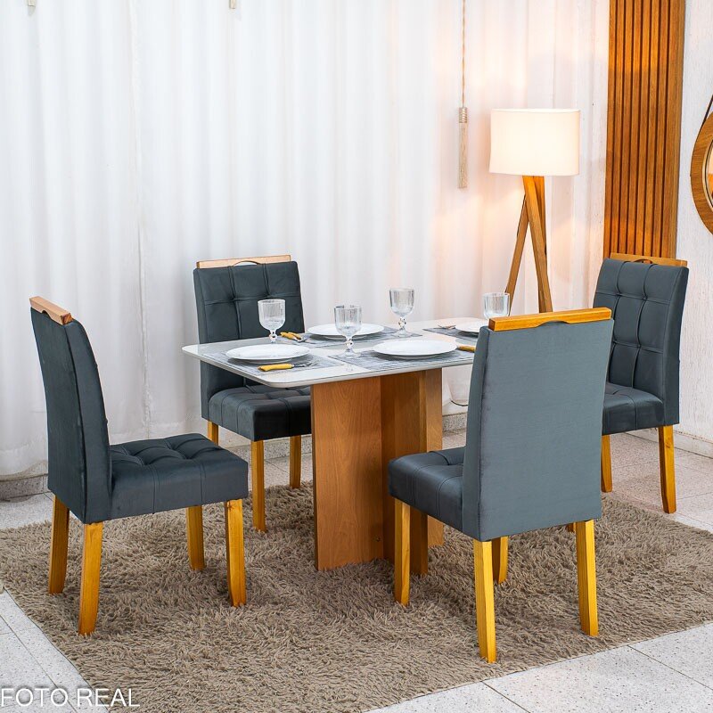 Mesa de Jantar Moscou 120x80 Vidro Off/Base Cinamomo + 4 Cad. Londres Veludo Chumbo Madeira Minas Plac - Entregue Montada - Imagem 3
