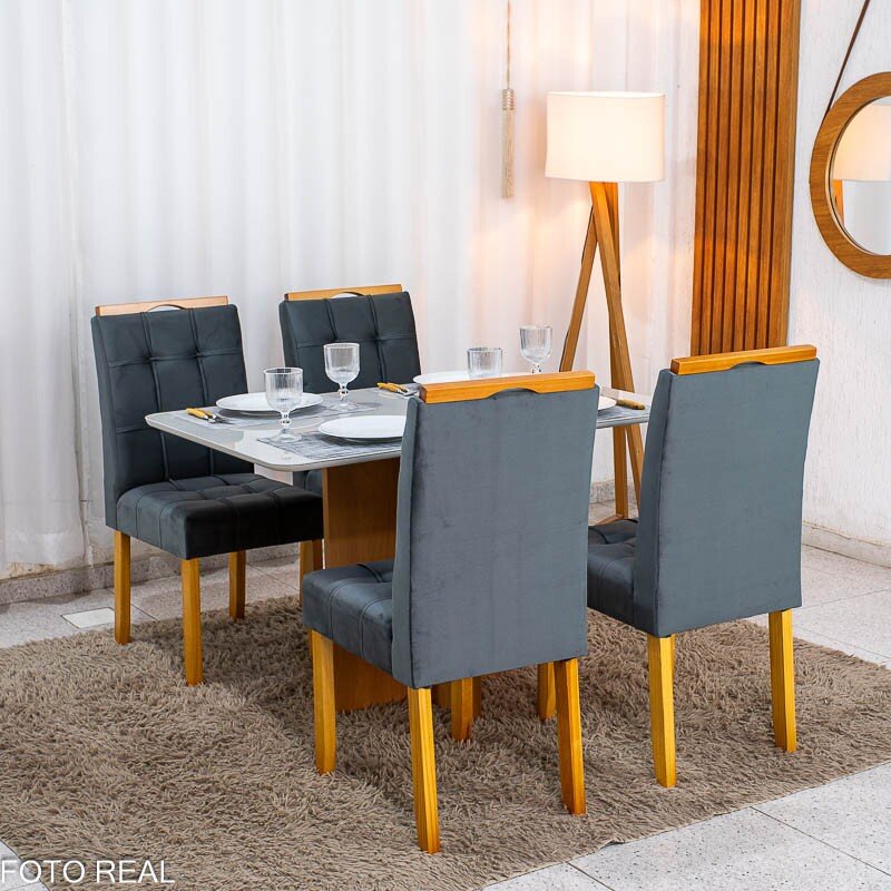 Mesa de Jantar Moscou 120x80 Vidro Off/Base Cinamomo + 4 Cad. Londres Veludo Chumbo Madeira Minas Plac - Entregue Montada - Imagem 4