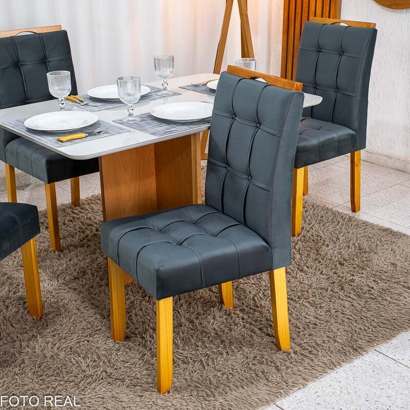 Mesa de Jantar Moscou 120x80 Vidro Off/Base Cinamomo + 4 Cad. Londres Veludo Chumbo Madeira Minas Plac - Entregue Montada - Imagem 5