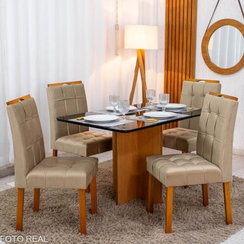 Mesa de Jantar Moscou 120x80 Vidro Preto/Base Cinamomo + 4 Cad. Londres Veludo Avelã Madeira Minas Plac - Entregue Montada