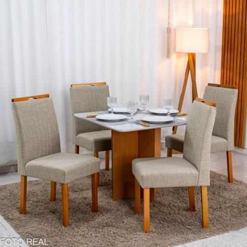 Mesa de Jantar Moscou 90x90 Vidro Off/Base Cinamomo + 4 Cad. Atlanta Linho Bege Madeira Minas Plac - Entregue Montada