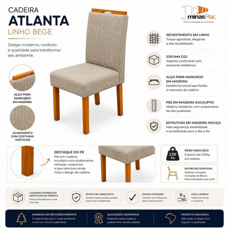 Mesa de Jantar Moscou 90x90 Vidro Off/Base Cinamomo + 4 Cad. Atlanta Linho Bege Madeira Minas Plac - Entregue Montada - Imagem 12