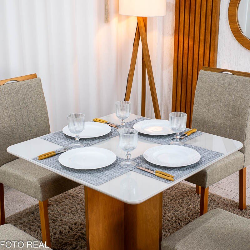Mesa de Jantar Moscou 90x90 Vidro Off/Base Cinamomo + 4 Cad. Atlanta Linho Bege Madeira Minas Plac - Entregue Montada - Imagem 2