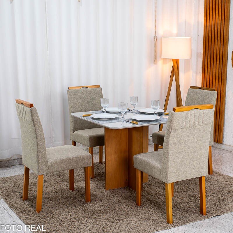 Mesa de Jantar Moscou 90x90 Vidro Off/Base Cinamomo + 4 Cad. Atlanta Linho Bege Madeira Minas Plac - Entregue Montada - Imagem 3