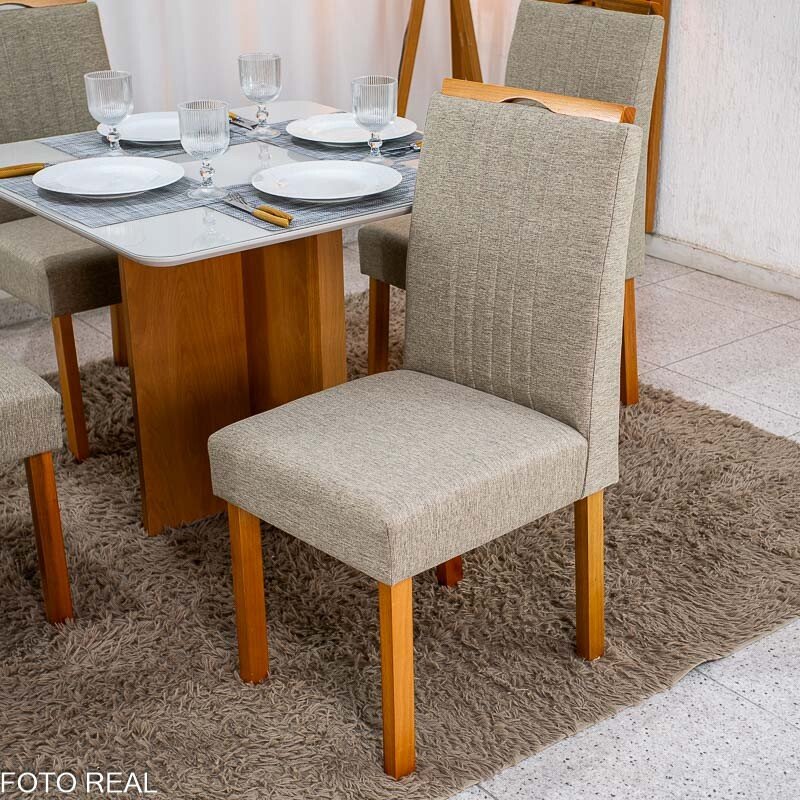Mesa de Jantar Moscou 90x90 Vidro Off/Base Cinamomo + 4 Cad. Atlanta Linho Bege Madeira Minas Plac - Entregue Montada - Imagem 4