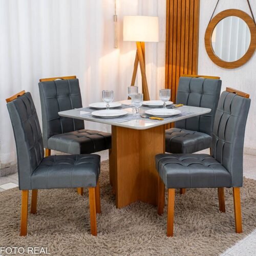 Mesa de Jantar Moscou 90x90 Vidro Off/Base Cinamomo + 4 Cad. Londres Veludo Chumbo Madeira Maciça Minas Plac - Entregue Montada