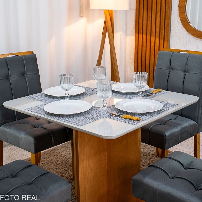 Mesa de Jantar Moscou 90x90 Vidro Off/Base Cinamomo + 4 Cad. Londres Veludo Chumbo Madeira Maciça Minas Plac - Entregue Montada - Imagem 2