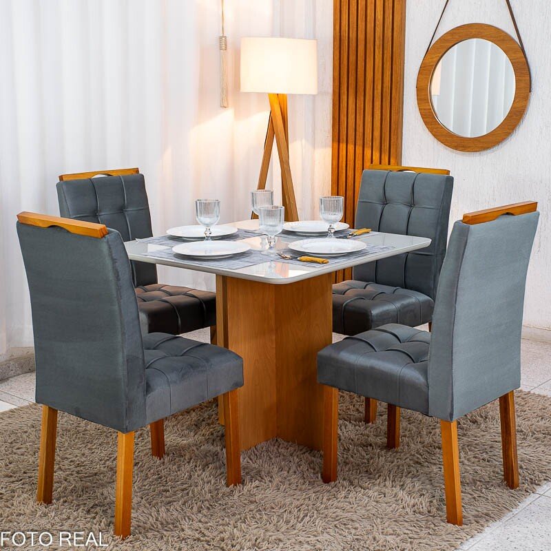 Mesa de Jantar Moscou 90x90 Vidro Off/Base Cinamomo + 4 Cad. Londres Veludo Chumbo Madeira Maciça Minas Plac - Entregue Montada - Imagem 3
