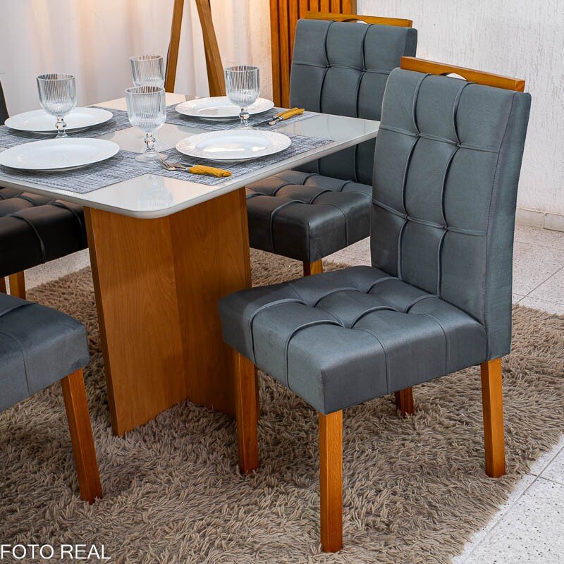 Mesa de Jantar Moscou 90x90 Vidro Off/Base Cinamomo + 4 Cad. Londres Veludo Chumbo Madeira Maciça Minas Plac - Entregue Montada - Imagem 4