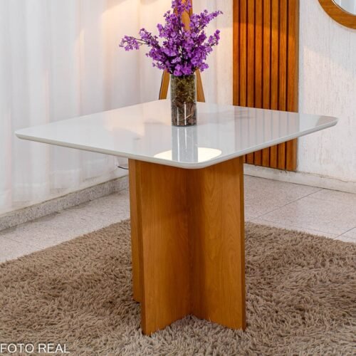 Mesa de Jantar Moscou 90x90 Vidro Off/Base Cinamomo - Minas Plac