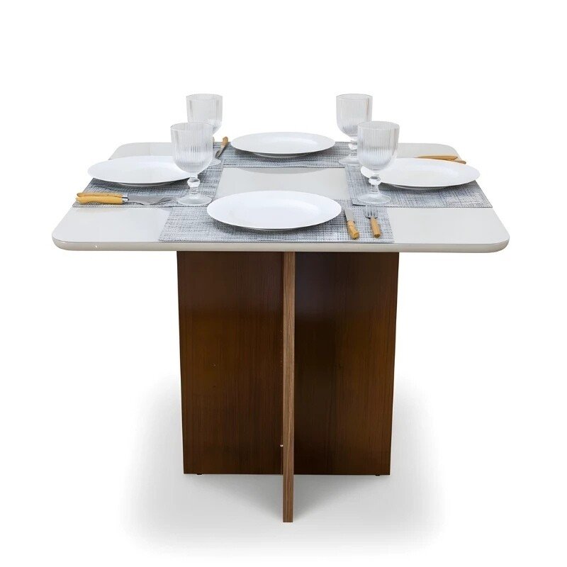Mesa de Jantar Moscou 90x90 Vidro Off/Cinamomo Minas Plac + 4 Cadeiras Isabela Linho Bege 01 Madeira Maciça KM Decor - Entregue Montada - Imagem 5