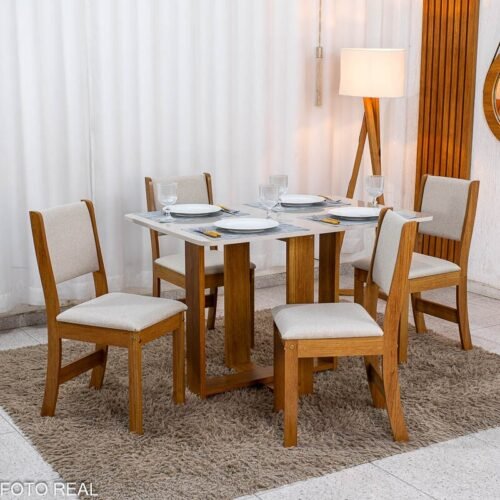 Mesa de Jantar Noor Mel 120×80 Tampo Off + 4 Cad. Sol Linho Bronze Assento Bege - Viero