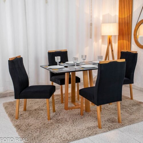 Mesa de Jantar Pedro 120×80 Vidro Preto/Base madeira + 4 Cad. Lisboa Veludo Preto 504 Madeira Art Assento - Entregue Montada