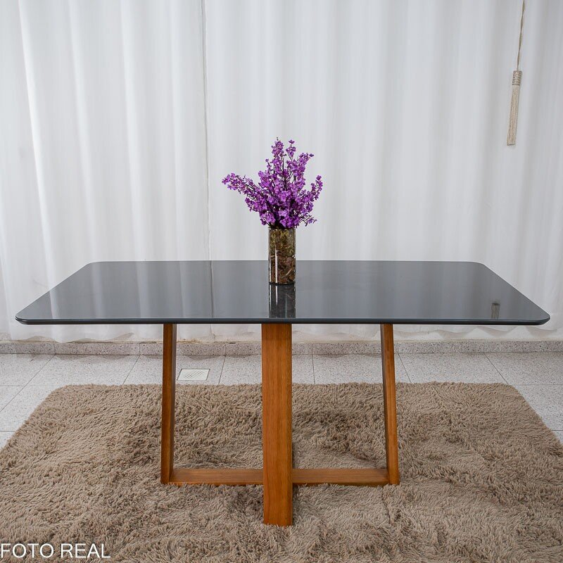 Mesa de Jantar Pedro 160x80 Vidro Grafite/Base Madeira Art Assento - Entregue Montada - Imagem 3