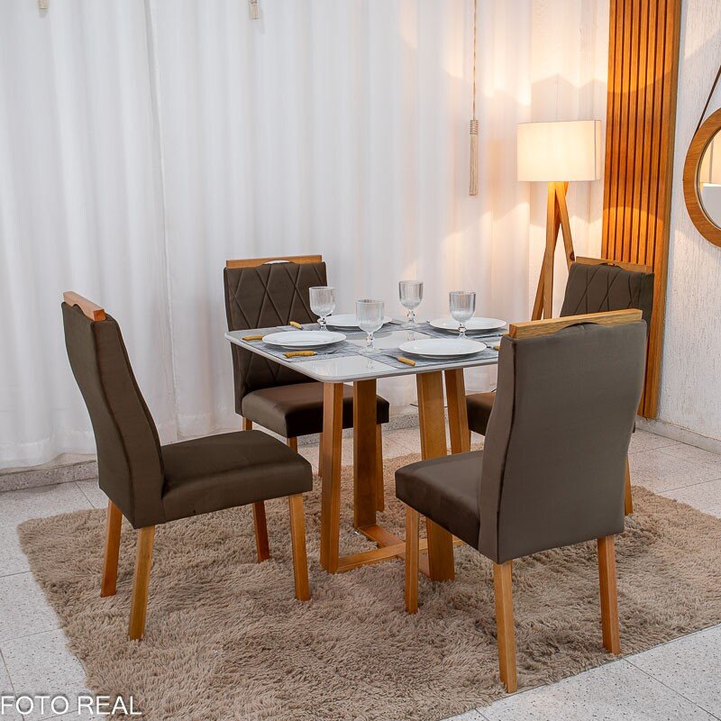 Mesa de Jantar Pedro 90x90 Vidro Off/Base Madeira + 4 Cad. Lisboa Veludo Marrom 509 Madeira Art Assento - Entregue Montada - Imagem 3