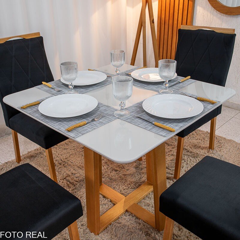 Mesa de Jantar Pedro 90x90 Vidro Off/Base Madeira + 4 Cad. Lisboa Veludo Preto 504 Madeira Art Assento - Entregue Montada - Imagem 2