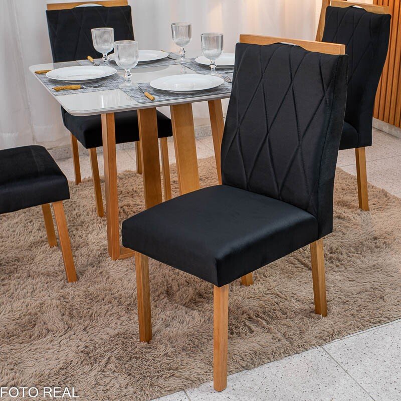 Mesa de Jantar Pedro 90x90 Vidro Off/Base Madeira + 4 Cad. Lisboa Veludo Preto 504 Madeira Art Assento - Entregue Montada - Imagem 6