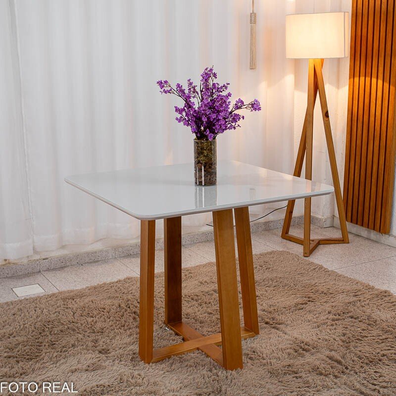 Mesa de Jantar Pedro 90x90 Vidro Off/Base Madeira + 4 Cad. Lisboa Veludo Preto 504 Madeira Art Assento - Entregue Montada - Imagem 7