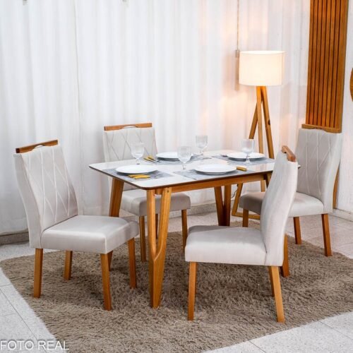 Mesa de Jantar Siena 120x90 Vidro Off/Base Madeira + 4 Cad. Lisboa Veludo Bege 512 Madeira Entregue Montada - Art Assento