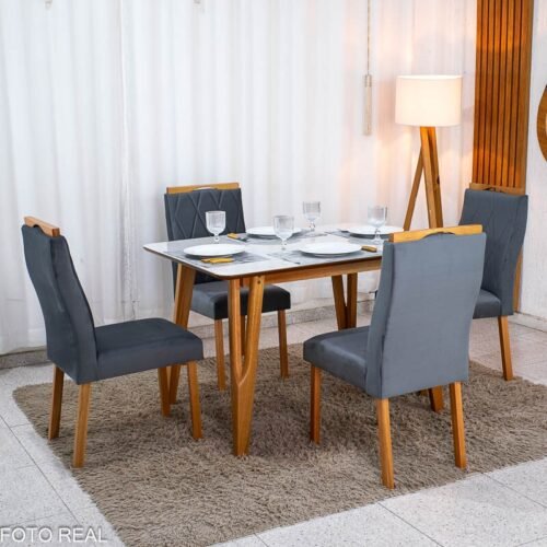 Mesa de Jantar Siena 120x90 Vidro Off/Base Madeira + 4 Cad. Lisboa Veludo Cinza 507 Madeira Entregue Montada - Art Assento