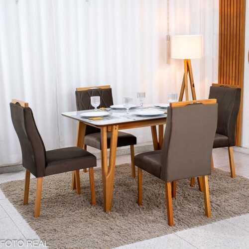 Mesa de Jantar Siena 120x90 Vidro Off/Base Madeira + 4 Cad. Lisboa Veludo Marrom 509 Madeira Entregue Montada - Art Assento