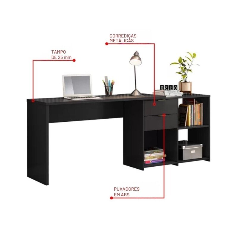 Mesa Office NT 2060 Larg. 2.00m Preto 2 Gavetas Notável - Imagem 3