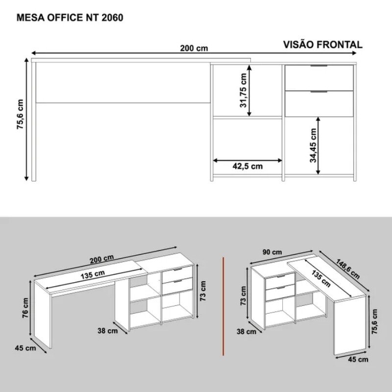 Mesa Office NT 2060 Larg. 2.00m Preto 2 Gavetas Notável - Imagem 9