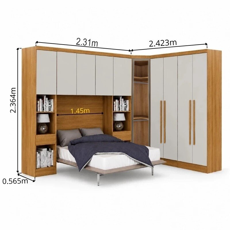 Modulado Casal Cumaru/Fendi Fosco 1 Guarda-Roupa Rizon New 4 Pts + 2 Criado Rizon + 1 Canto Oblíquo Rizon C/Porta de Vidro + 1 Aéreo 3 portas Rizon - Novo Horizonte - Imagem 2