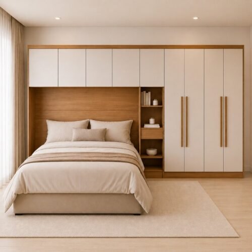 Modulado Queen Cumaru/Fendi Fosco 1 Roupeiro Rizon 4 Pts + 1 Criado Rizon + 1 Aéreo 4 portas Rizon - Novo Horizonte