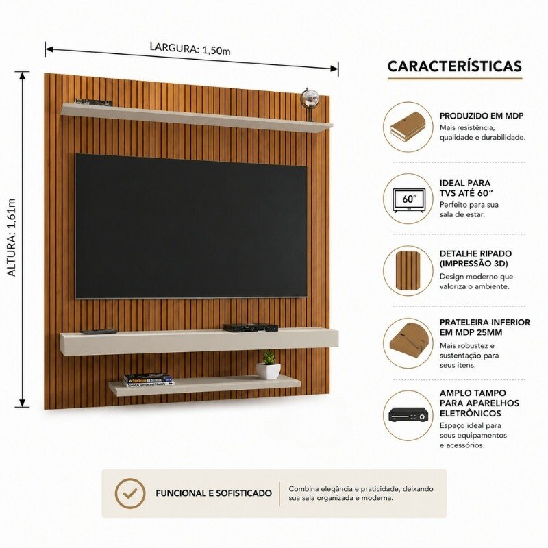 Painel Leme Larg. 1.50m Impressão Ripada 3D Ripado Naturalle/Off White para TV até 60" - Bechara - Imagem 4