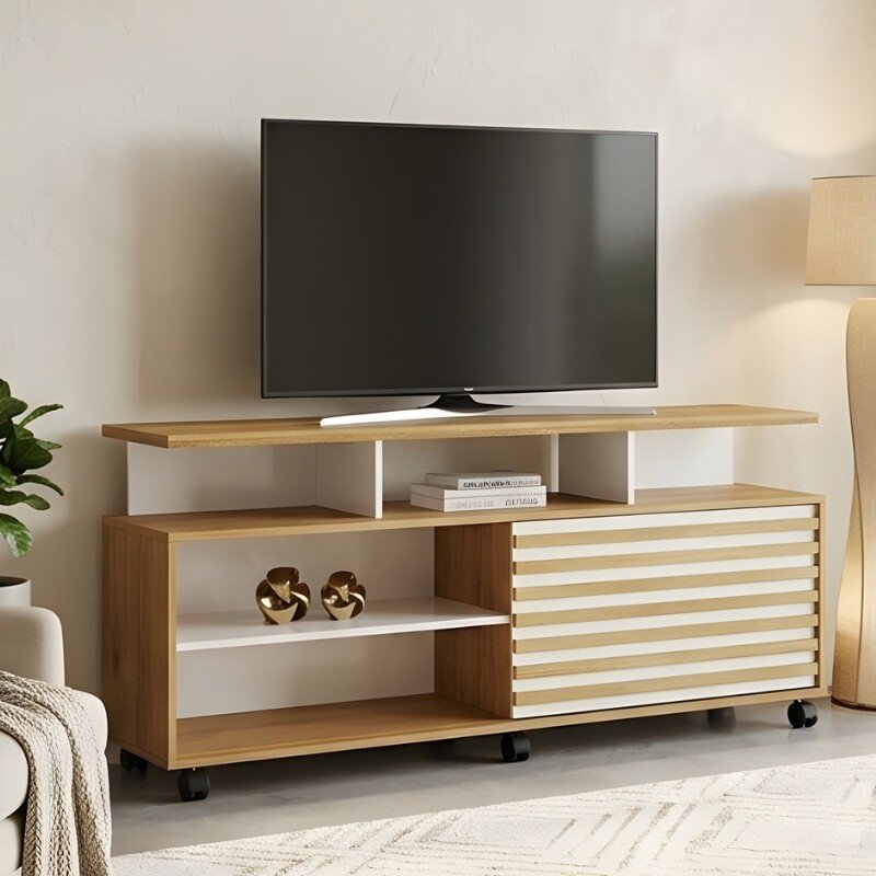 Rack Bancada Star Larg. 1.50m Cinamomo/Off Para TV's até 55 Polegadas - Valdemóveis