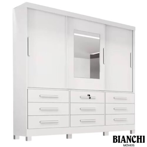 Guarda-roupa Athenas 3 Portas Branco C/ Espelho e Pés Larg. 1.80m - Bianchi