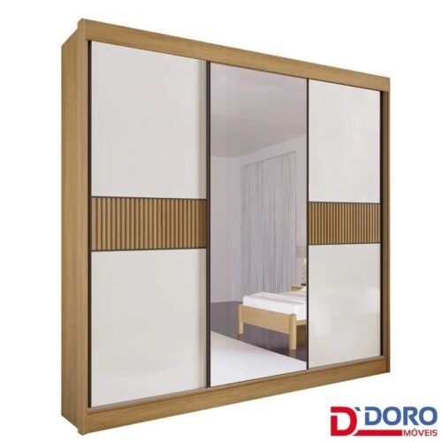Guarda-roupa Casal Los Angeles Cinamomo/Off 3 Portas 6 Gavetas C/ 1 Espelho Detalhe Ripado Portas Flex 100% MDF Larg. 2.73m - D Doro