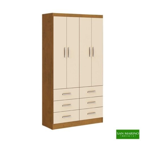 Guarda-roupa Nápoles Larg. 0.93m Noce TX/Pérola 4 Portas 6 Gavetas San Marino
