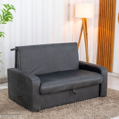 Sofá Cama Daiane Larg. 1.40m C/Baú Veludinho Chumbo 250