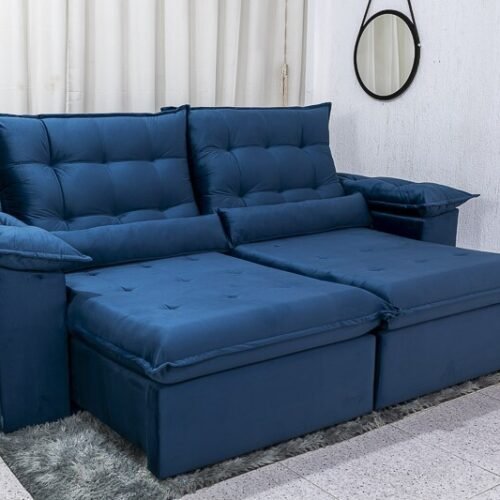 Sofá Retrátil Reclinável Emanuelly 2.30m Veludo Azul