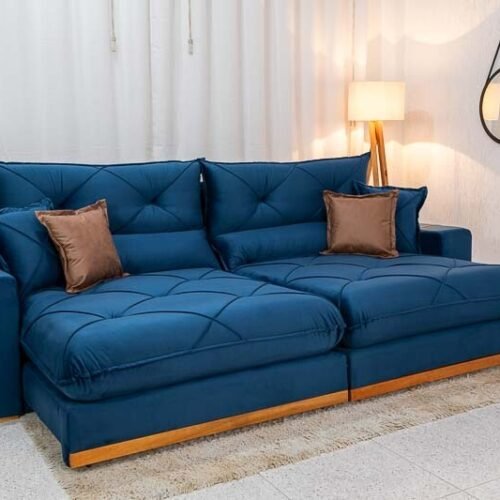 Sofá Retrátil Reclinável Gran Bello 2.90m Veludo Azul - Molas Ensacadas