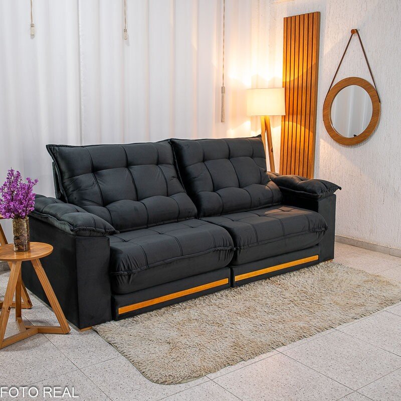 Sofá Retrátil Reclinável Barcelona 2.50m Veludo Preto 322 - D33 e Molas Ensacadas - Imagem 3
