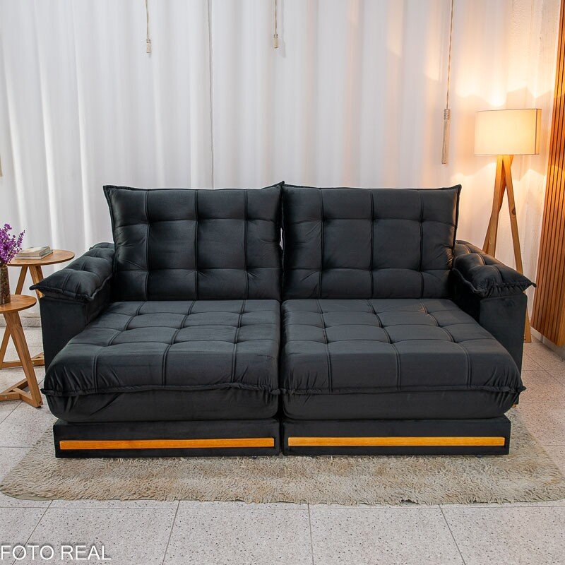 Sofá Retrátil Reclinável Barcelona 2.50m Veludo Preto 322 - D33 e Molas Ensacadas - Imagem 4