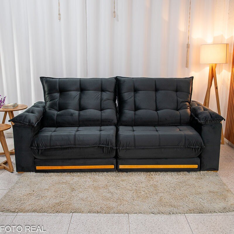Sofá Retrátil Reclinável Barcelona 2.50m Veludo Preto 322 - D33 e Molas Ensacadas - Imagem 5