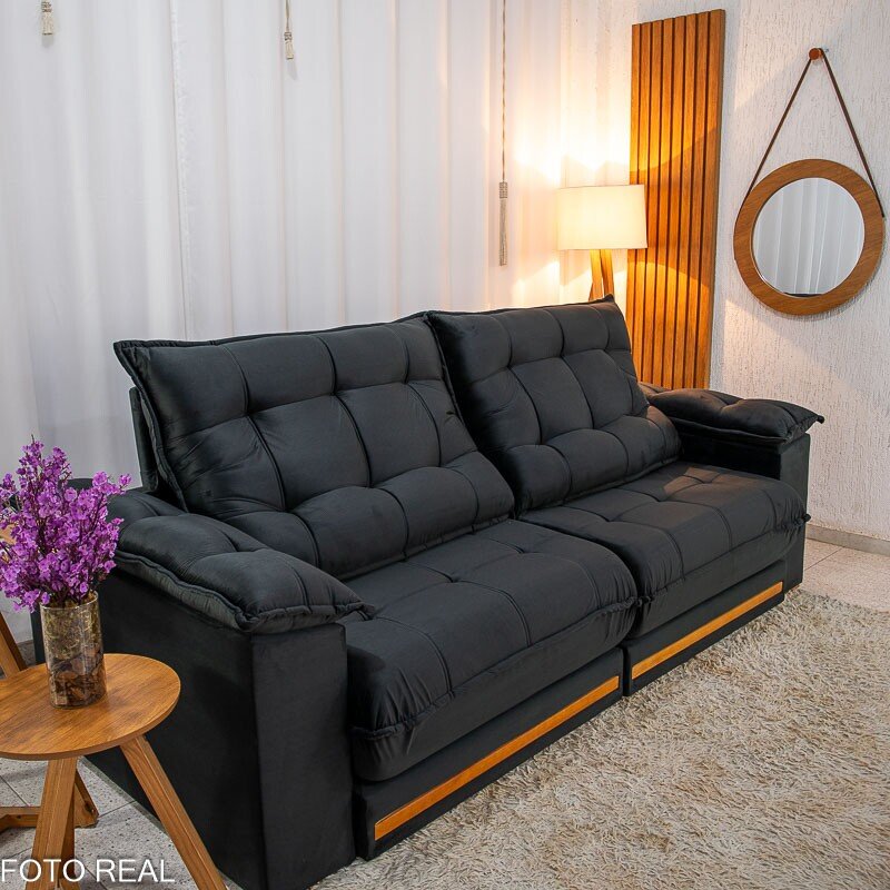 Sofá Retrátil Reclinável Barcelona 2.50m Veludo Preto 322 - D33 e Molas Ensacadas - Imagem 6