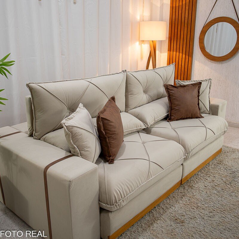 Sofá Retrátil Reclinável Gran Bello 2.50m Veludo Bege Claro - Molas Ensacadas Pocket - Imagem 6