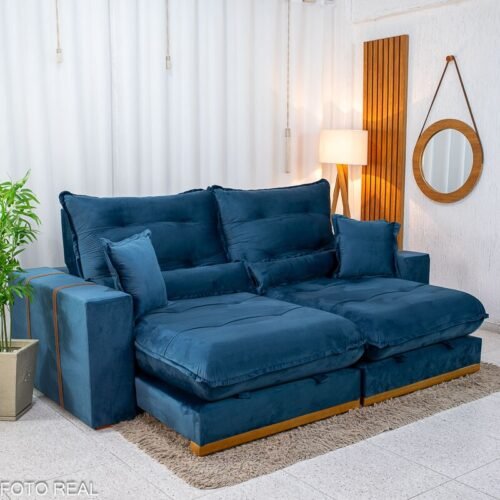 Sofá Retrátil Reclinável Mônaco 2.50m Veludo Azul A16 - Molas Ensacadas