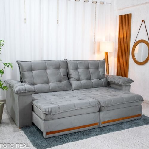 Sofá Retrátil Reclinável Mariana 2.30m Veludo Prata 321 - D33 e Molas Ensacadas